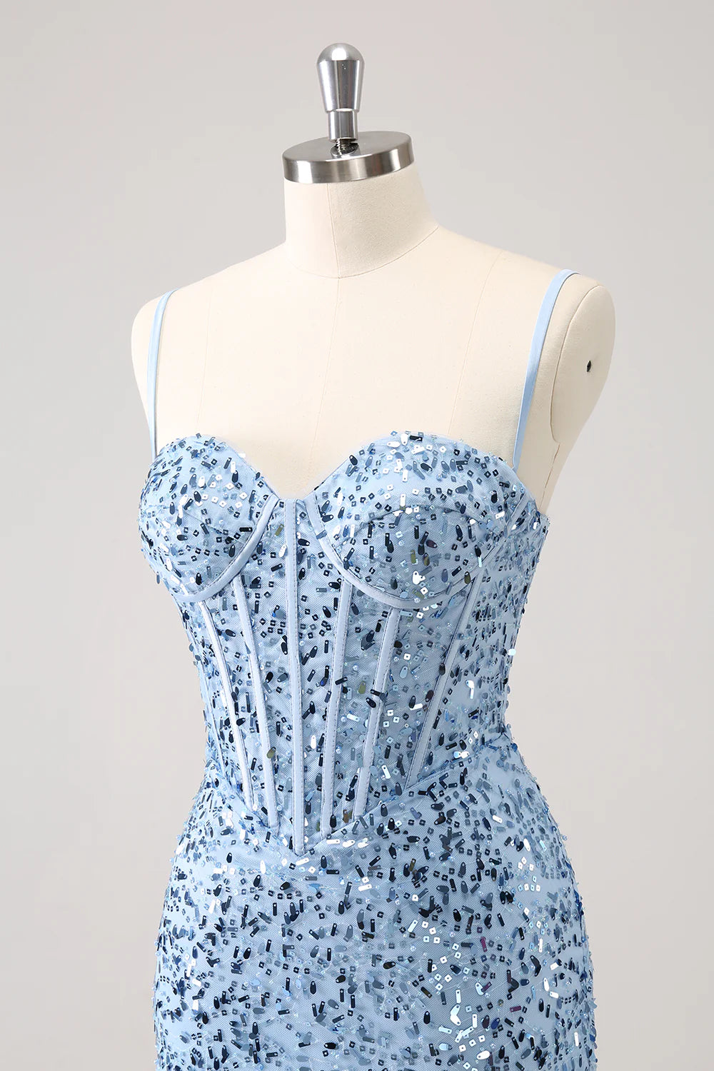 Amzcw Stylish Blue Bodycon Spaghetti Straps Corset Short Homecoming Dress with Sequins