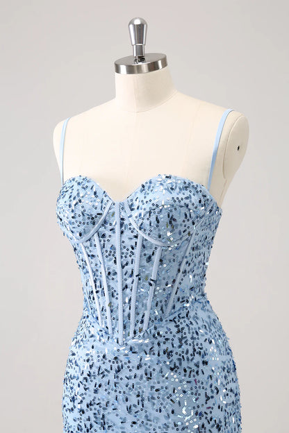 Amzcw Stylish Blue Bodycon Spaghetti Straps Corset Short Homecoming Dress with Sequins