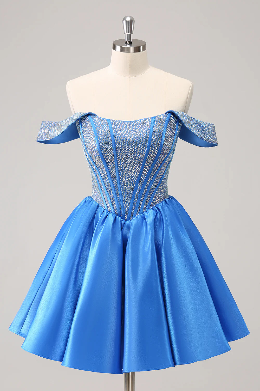 Amzcw Cute Blue A Line Off The Shoulder Corset Homecoming Dress with Beading