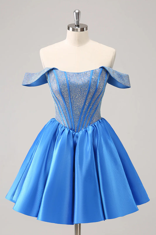 Amzcw Cute Blue A Line Off The Shoulder Corset Homecoming Dress with Beading