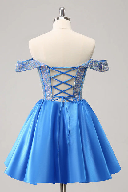 Amzcw Cute Blue A Line Off The Shoulder Corset Homecoming Dress with Beading