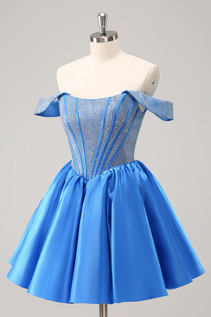 Amzcw Cute Blue A Line Off The Shoulder Corset Homecoming Dress with Beading