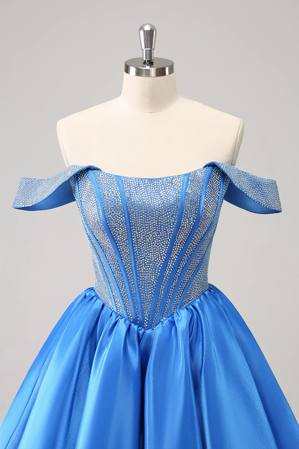 Amzcw Cute Blue A Line Off The Shoulder Corset Homecoming Dress with Beading