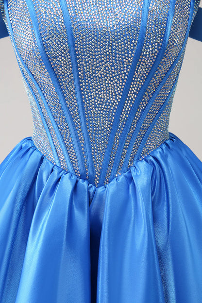 Amzcw Cute Blue A Line Off The Shoulder Corset Homecoming Dress with Beading