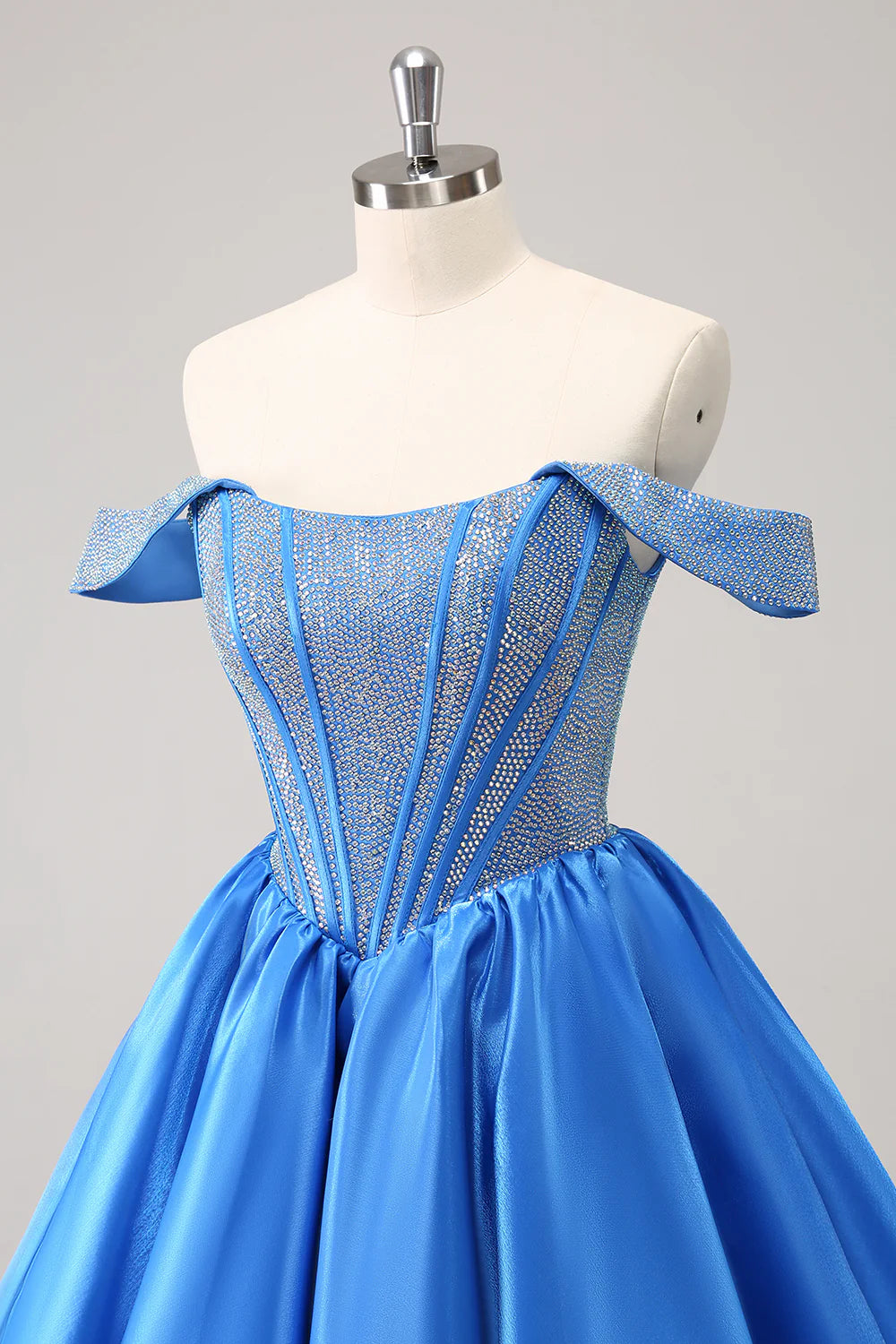 Amzcw Cute Blue A Line Off The Shoulder Corset Homecoming Dress with Beading