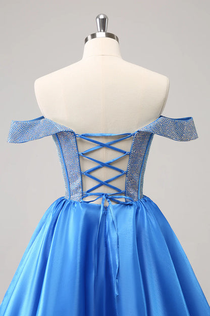 Amzcw Cute Blue A Line Off The Shoulder Corset Homecoming Dress with Beading