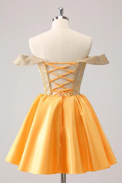 Amzcw Cute Yellow A Line Off The Shoulder Corset Homecoming Dress with Beading