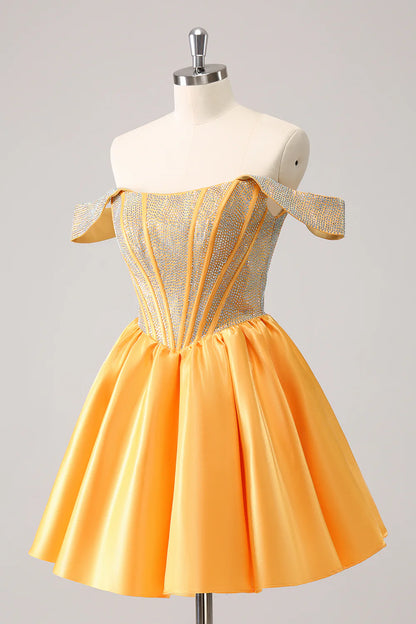 Amzcw Cute Yellow A Line Off The Shoulder Corset Homecoming Dress with Beading