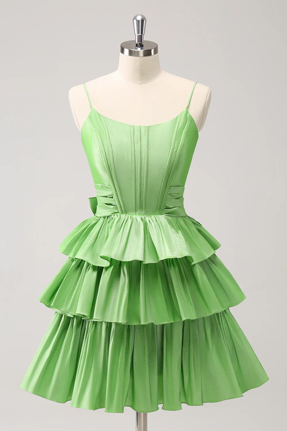 Amzcw Cute Green A Line Spaghetti Straps Corset Tiered Ruffle Homecoming Dress with Bow