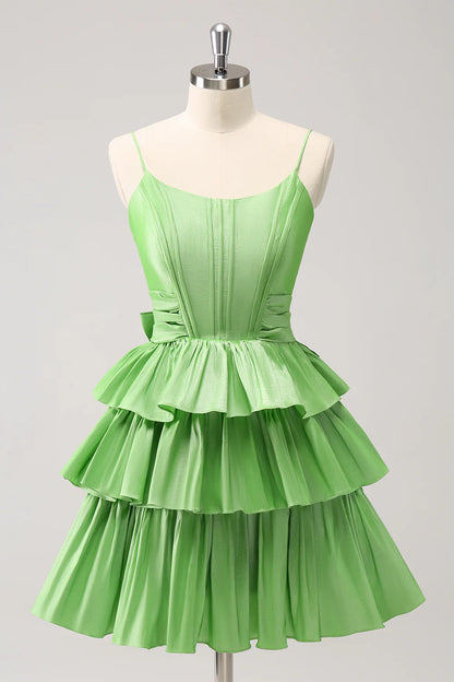 Amzcw Cute Green A Line Spaghetti Straps Corset Tiered Ruffle Homecoming Dress with Bow