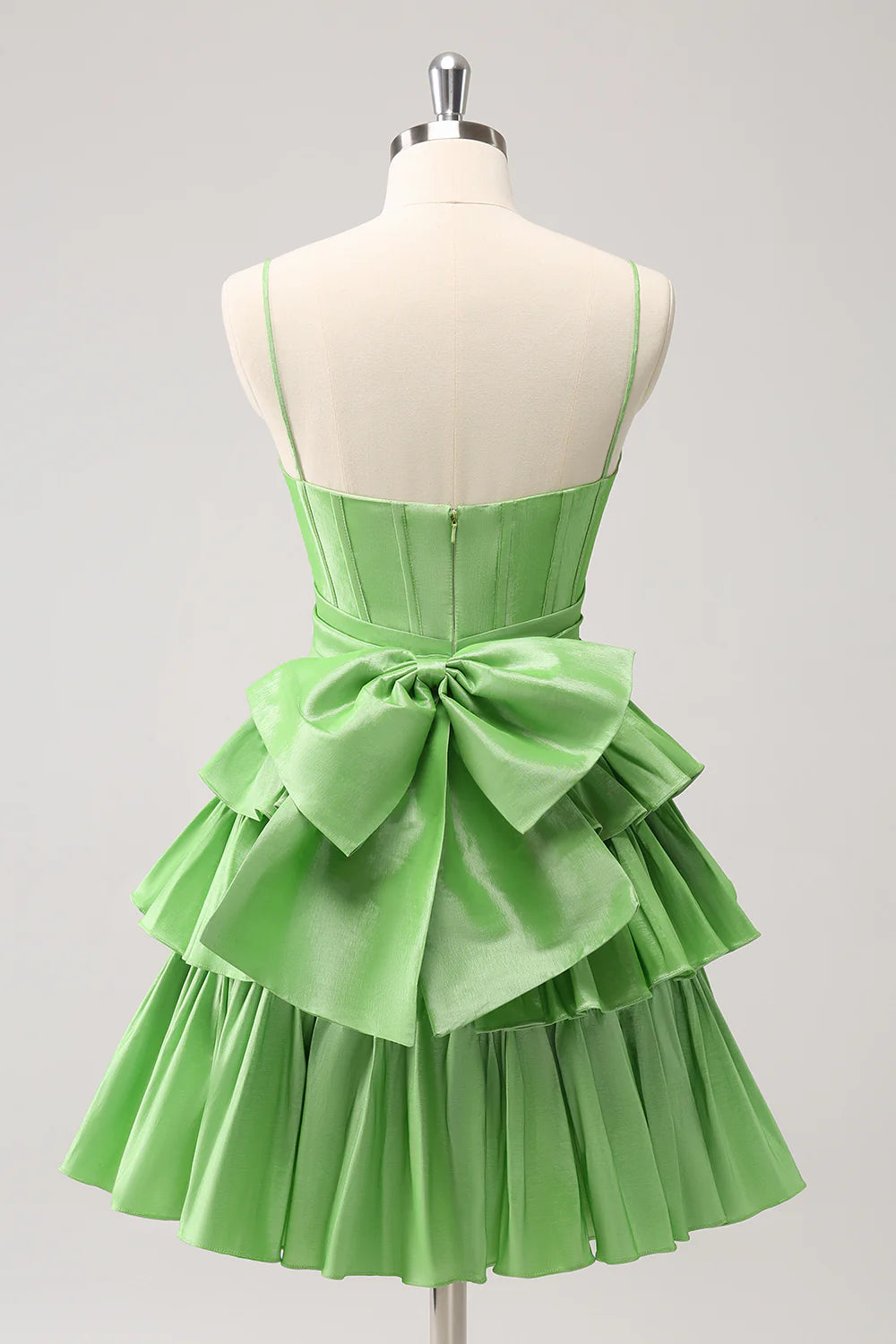 Amzcw Cute Green A Line Spaghetti Straps Corset Tiered Ruffle Homecoming Dress with Bow