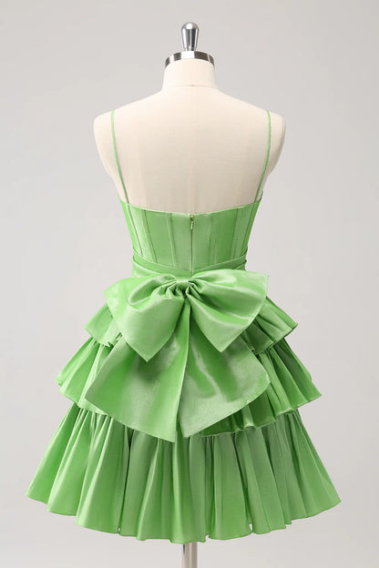 Amzcw Cute Green A Line Spaghetti Straps Corset Tiered Ruffle Homecoming Dress with Bow