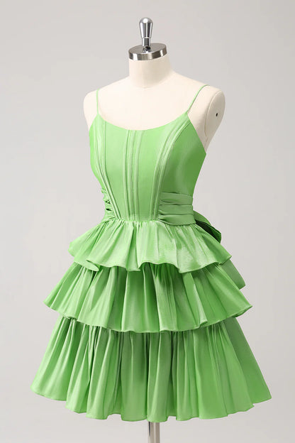 Amzcw Cute Green A Line Spaghetti Straps Corset Tiered Ruffle Homecoming Dress with Bow