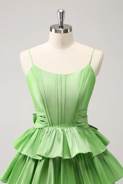 Amzcw Cute Green A Line Spaghetti Straps Corset Tiered Ruffle Homecoming Dress with Bow