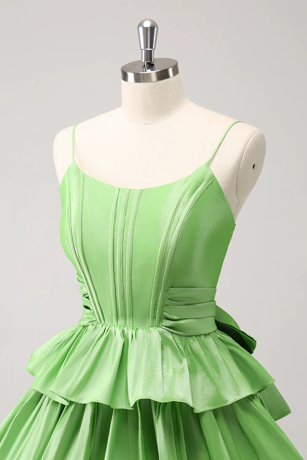 Amzcw Cute Green A Line Spaghetti Straps Corset Tiered Ruffle Homecoming Dress with Bow