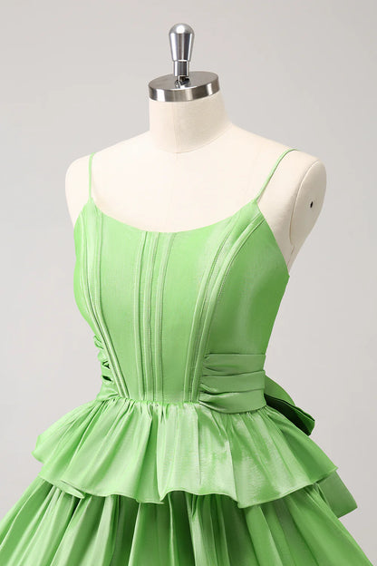 Amzcw Cute Green A Line Spaghetti Straps Corset Tiered Ruffle Homecoming Dress with Bow