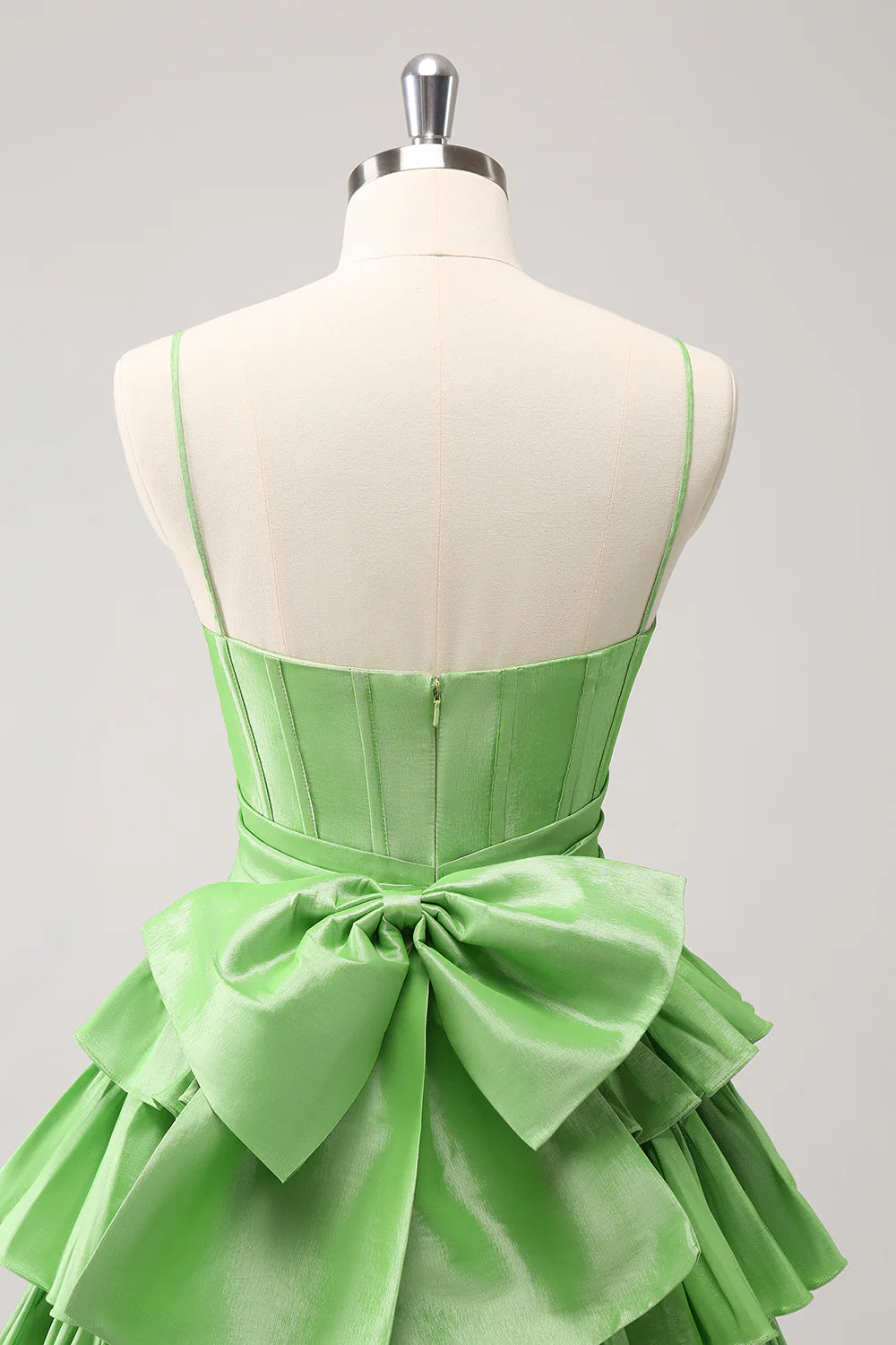 Amzcw Cute Green A Line Spaghetti Straps Corset Tiered Ruffle Homecoming Dress with Bow
