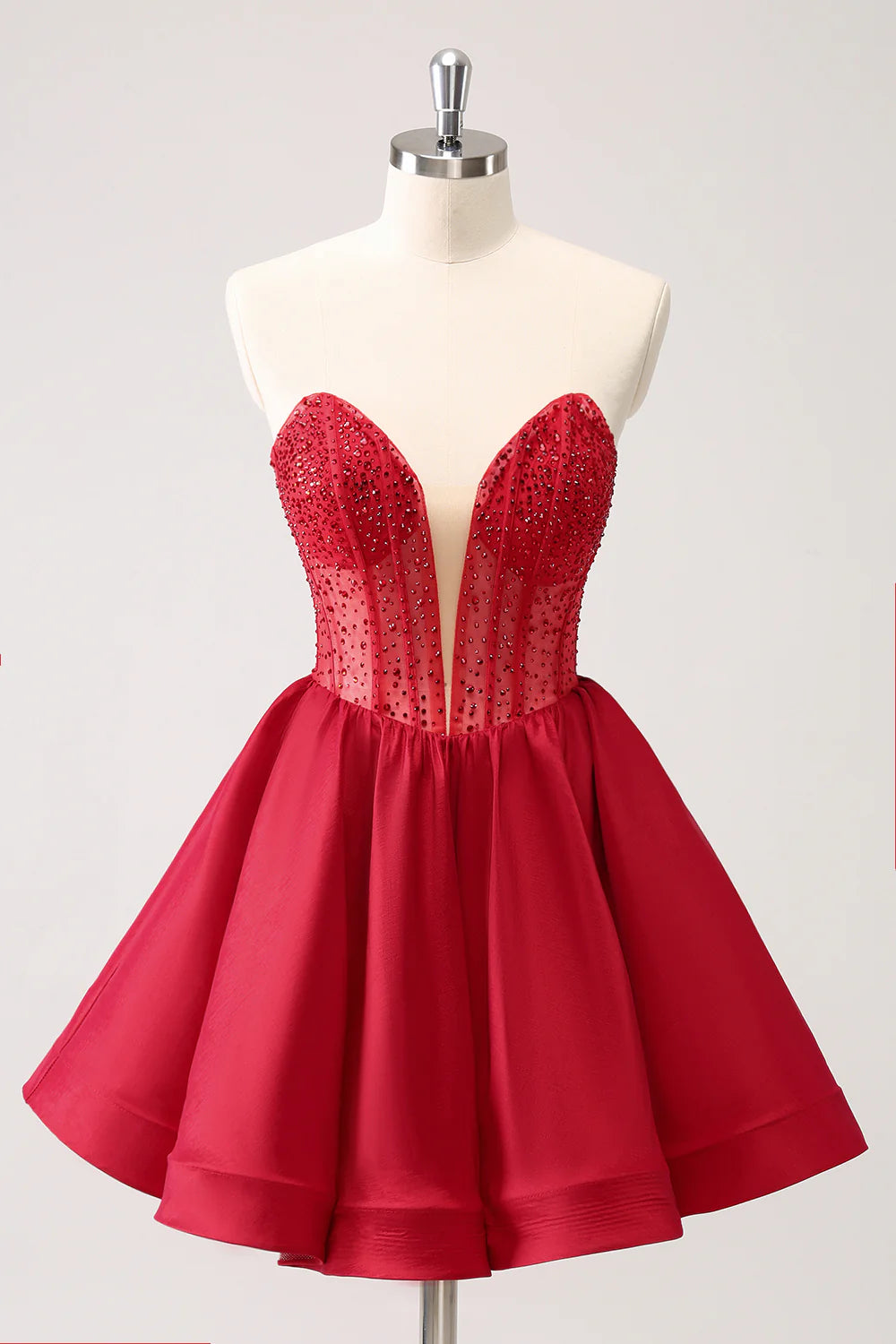 Amzcw Cute Red A Line Strapless Corset Ruffle Homecoming Dress with Beading