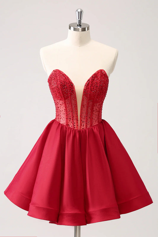 Amzcw Cute Red A Line Strapless Corset Ruffle Homecoming Dress with Beading
