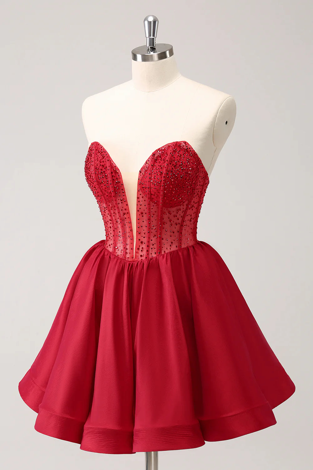 Amzcw Cute Red A Line Strapless Corset Ruffle Homecoming Dress with Beading