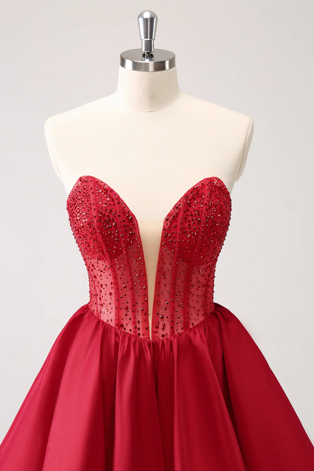 Amzcw Cute Red A Line Strapless Corset Ruffle Homecoming Dress with Beading