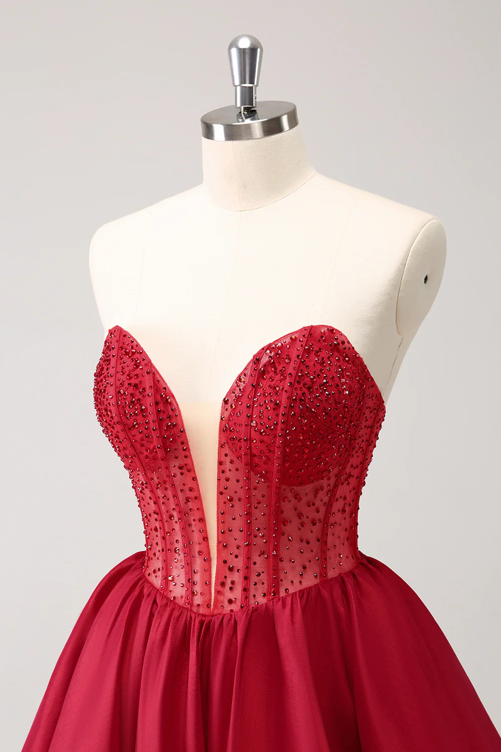Amzcw Cute Red A Line Strapless Corset Ruffle Homecoming Dress with Beading