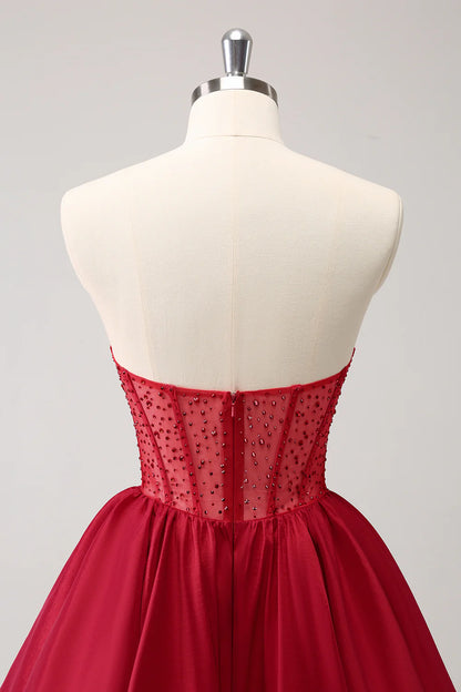 Amzcw Cute Red A Line Strapless Corset Ruffle Homecoming Dress with Beading