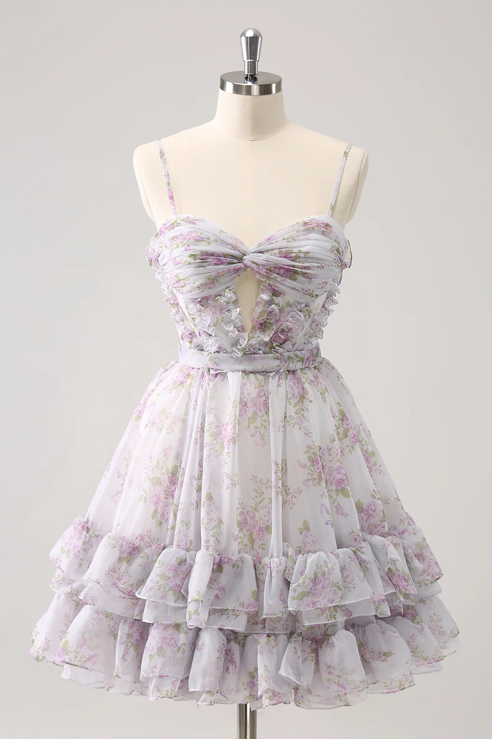 Amzcw Cute Lilac A Line Cut Out Tiered Print Floral Homecoming Dress with Ruffles