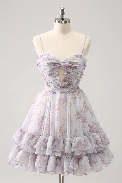 Amzcw Cute Lilac A Line Cut Out Tiered Print Floral Homecoming Dress with Ruffles