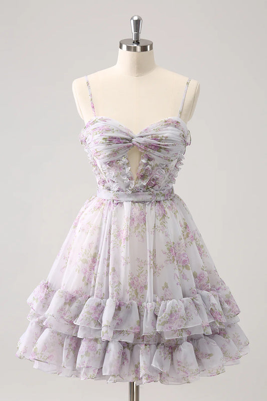 Amzcw Cute Lilac A Line Cut Out Tiered Print Floral Homecoming Dress with Ruffles