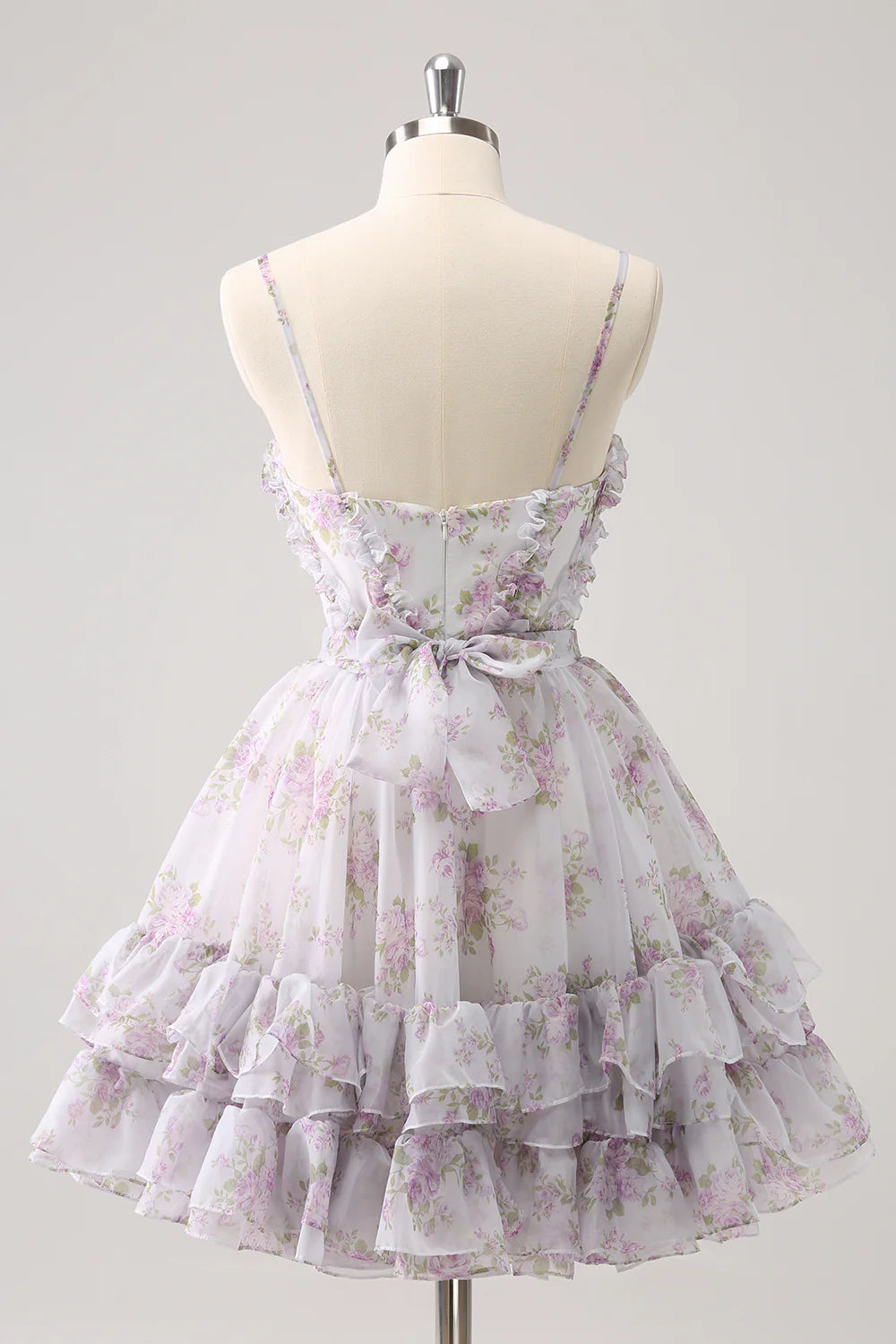 Amzcw Cute Lilac A Line Cut Out Tiered Print Floral Homecoming Dress with Ruffles