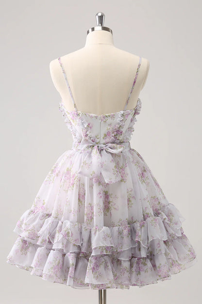 Amzcw Cute Lilac A Line Cut Out Tiered Print Floral Homecoming Dress with Ruffles