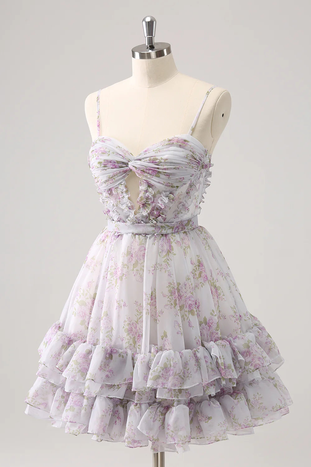 Amzcw Cute Lilac A Line Cut Out Tiered Print Floral Homecoming Dress with Ruffles