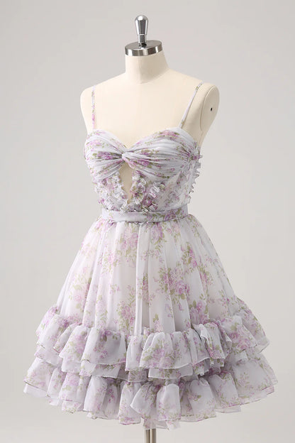 Amzcw Cute Lilac A Line Cut Out Tiered Print Floral Homecoming Dress with Ruffles