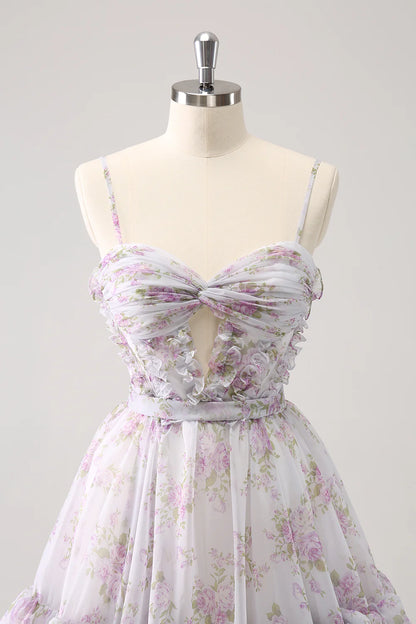 Amzcw Cute Lilac A Line Cut Out Tiered Print Floral Homecoming Dress with Ruffles