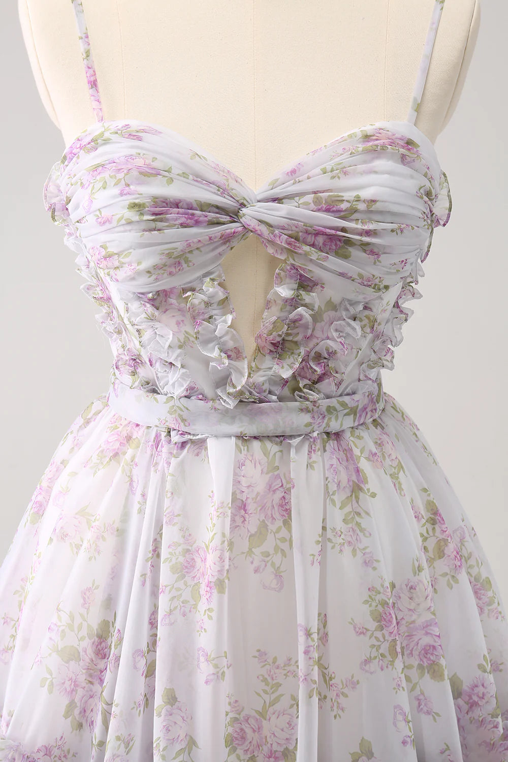 Amzcw Cute Lilac A Line Cut Out Tiered Print Floral Homecoming Dress with Ruffles