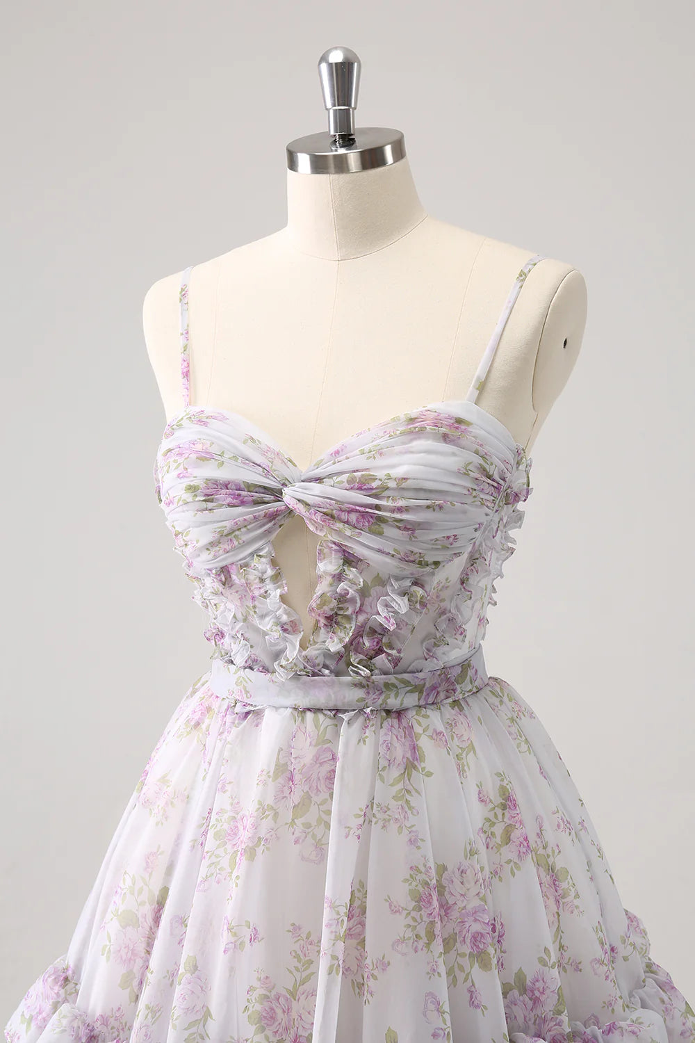 Amzcw Cute Lilac A Line Cut Out Tiered Print Floral Homecoming Dress with Ruffles