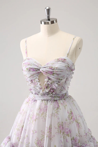 Amzcw Cute Lilac A Line Cut Out Tiered Print Floral Homecoming Dress with Ruffles