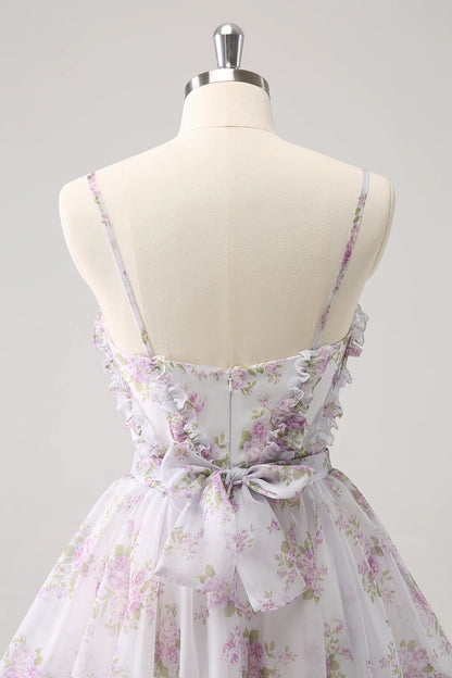 Amzcw Cute Lilac A Line Cut Out Tiered Print Floral Homecoming Dress with Ruffles