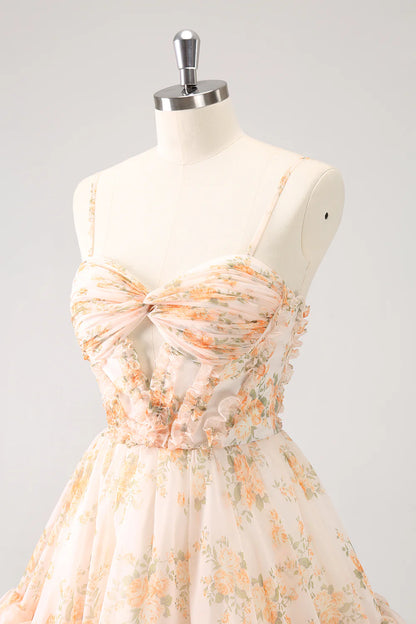 Amzcw Cute Yellow A Line Cut Out Tiered Print Floral Homecoming Dress with Ruffles