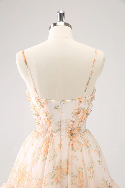 Amzcw Cute Yellow A Line Cut Out Tiered Print Floral Homecoming Dress with Ruffles