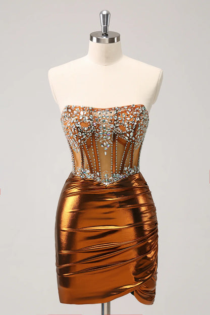Amzcw Glitter Copper Tight Strapless Corset Short Metallic Homecoming Dress with Beading