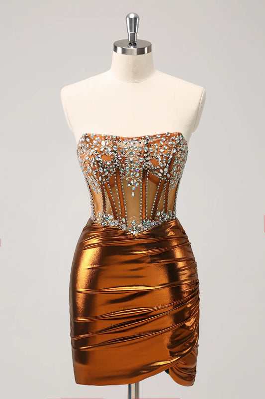 Amzcw Glitter Copper Tight Strapless Corset Short Metallic Homecoming Dress with Beading