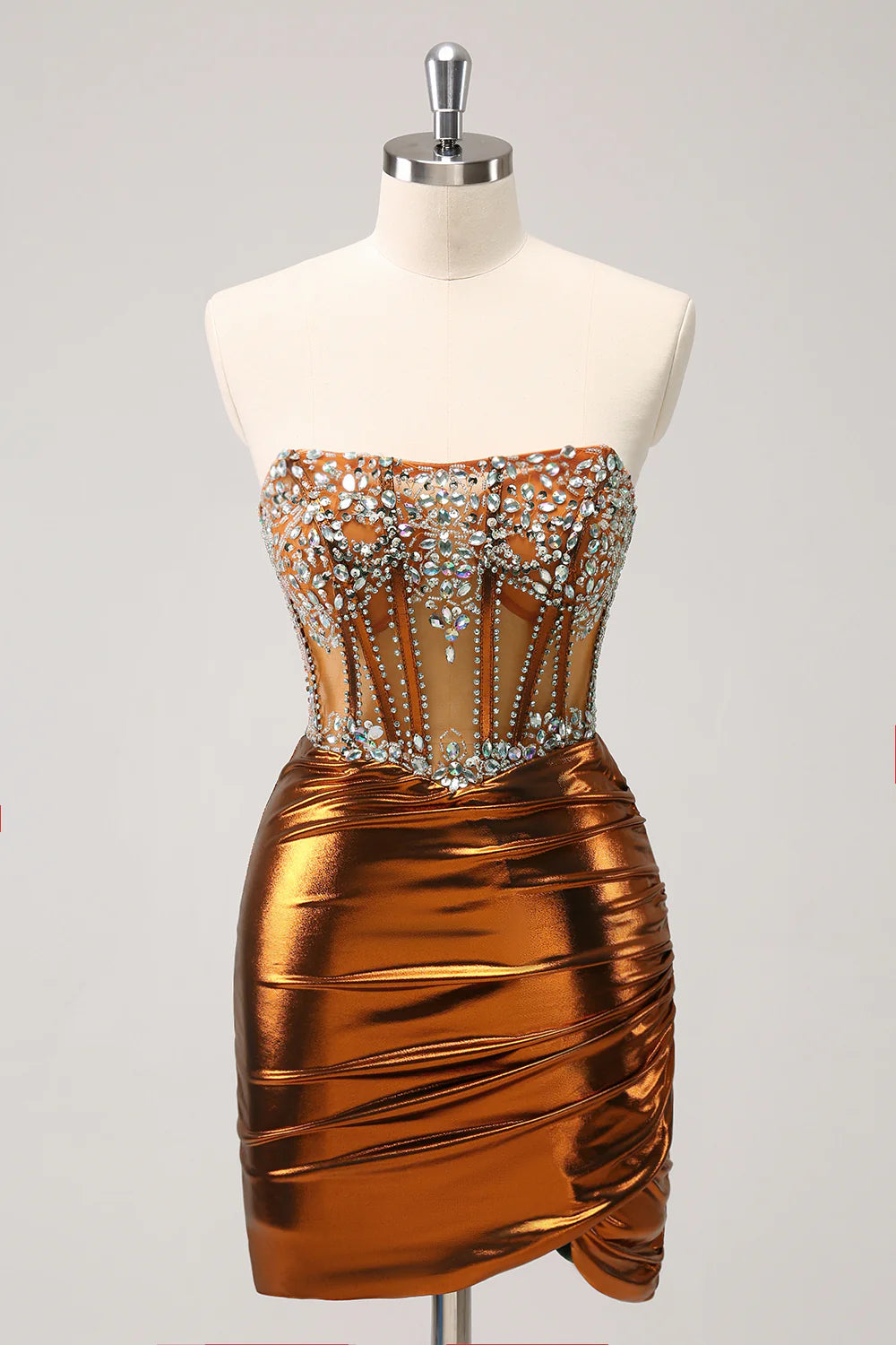 Amzcw Glitter Copper Tight Strapless Corset Short Metallic Homecoming Dress with Beading
