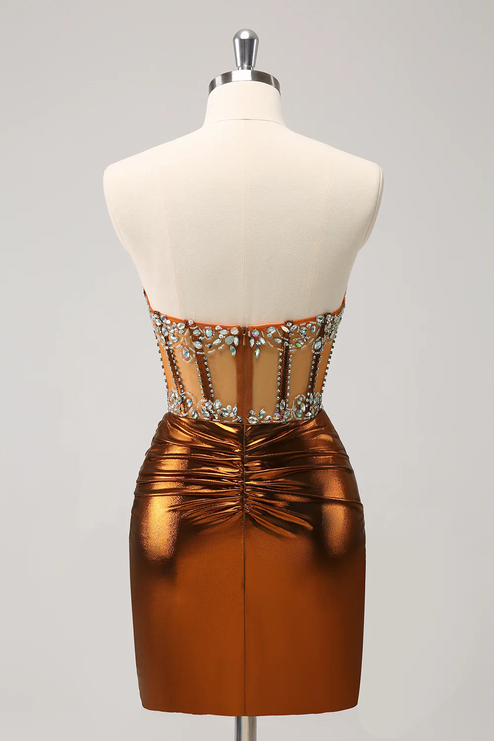 Amzcw Glitter Copper Tight Strapless Corset Short Metallic Homecoming Dress with Beading