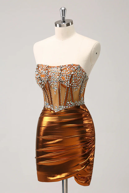 Amzcw Glitter Copper Tight Strapless Corset Short Metallic Homecoming Dress with Beading