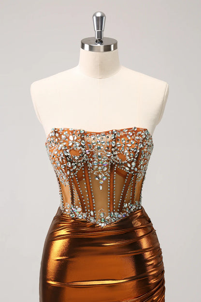 Amzcw Glitter Copper Tight Strapless Corset Short Metallic Homecoming Dress with Beading