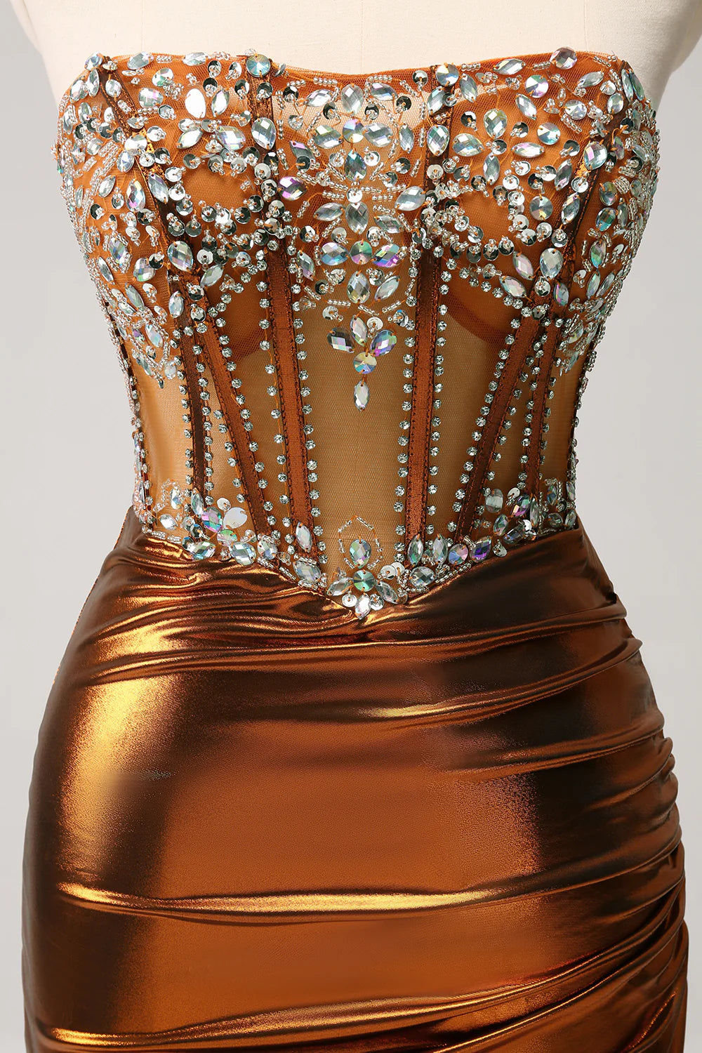 Amzcw Glitter Copper Tight Strapless Corset Short Metallic Homecoming Dress with Beading
