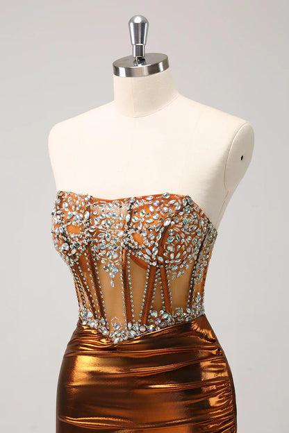 Amzcw Glitter Copper Tight Strapless Corset Short Metallic Homecoming Dress with Beading