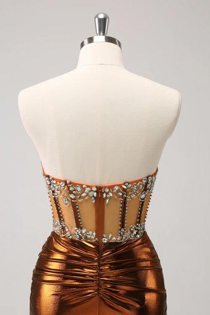 Amzcw Glitter Copper Tight Strapless Corset Short Metallic Homecoming Dress with Beading